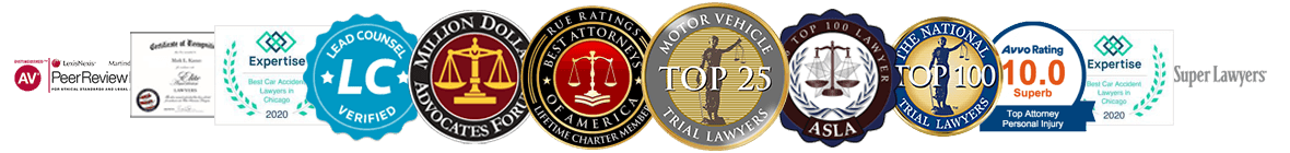 Badges of Martindale-Hubbell Expertise LC Million Dollar Advocate Forum Rue Ratings Motor Vehicle Trial Lawyers ASLA Avvo SL